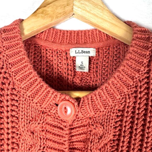 L.L BEAN Cable Knit Cotton Button Down Cardigan Sweater Size Small Orange - Picture 4 of 6